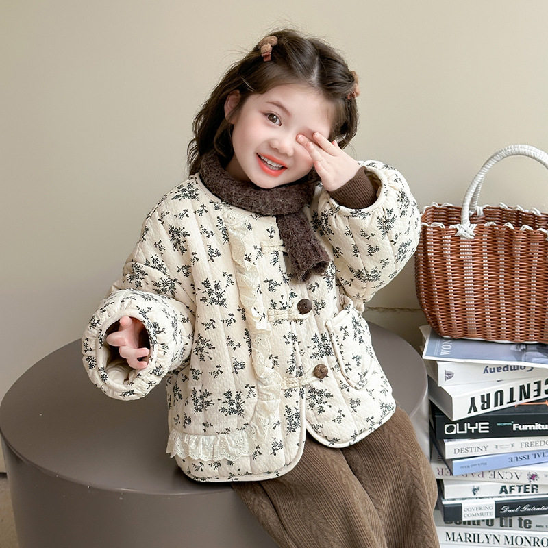 女小童冬季夹棉外套2025新款棉衣女花边秋冬碎花棉服儿童上衣，童装外套，祺妙童装