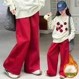 女童2025年冬季新款加绒运动裤女大童垂感新年红修身阔腿糯米裤子，童装裤子，祺儿童装