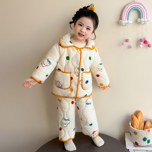 女小童冬装翻领家居服套装儿童加绒加厚三层保暖睡衣女两件套P93，童装家居服（睡衣），祺妙童装