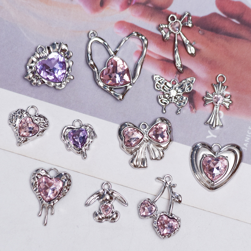 手作甜酷爱心蝴蝶结樱桃兔子十字架合金挂件diy手工耳环饰品配件