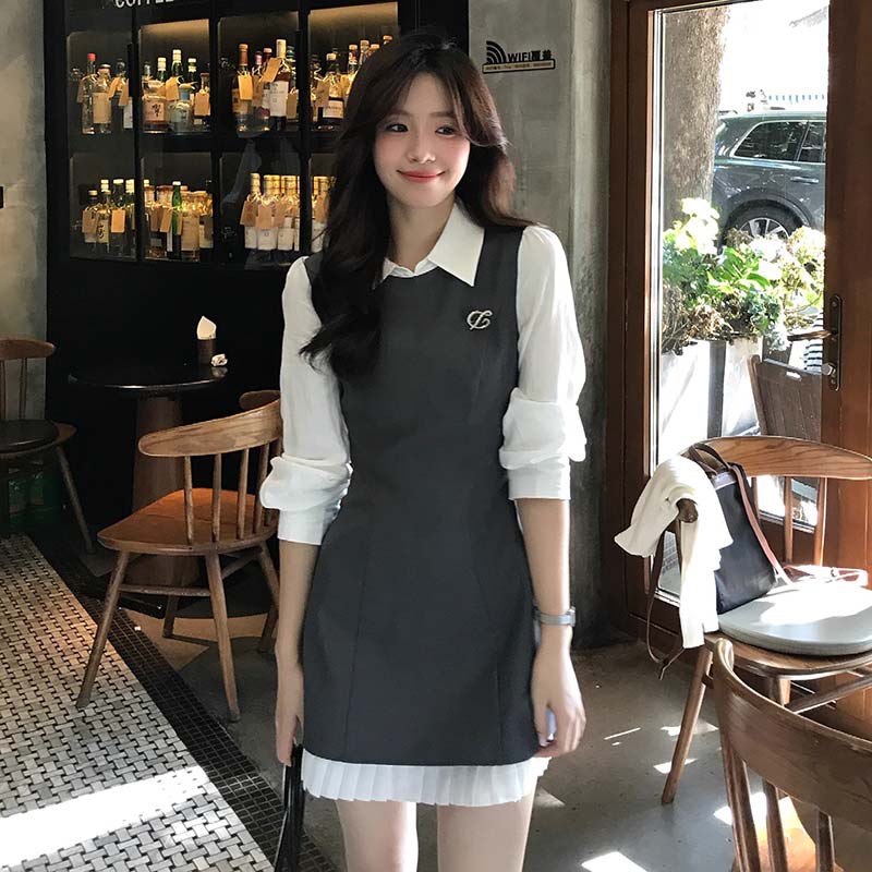 韩系拼接假两件长袖衬衫连衣裙女秋季修身显瘦收腰气质通勤短裙子