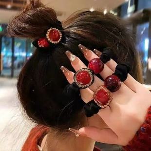 2026新款红弹力发绳轻奢时尚气质甜美水钻蝴蝶百搭头绳发圈蝴蝶结