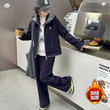 女童加绒运动套装2025年秋冬新款中大童刺绣拼色上衣阔腿裤两件套，童装休闲套装，祺儿童装