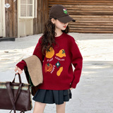 女童红色毛衣加厚2025年秋冬新款卡通针织套头衫中大童新年打底衫，童装毛衣，祺儿童装