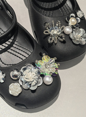AI LIFE 芭蕾风洞洞鞋配饰鞋花珍珠银亮片装饰扣适配Cross/Crocs