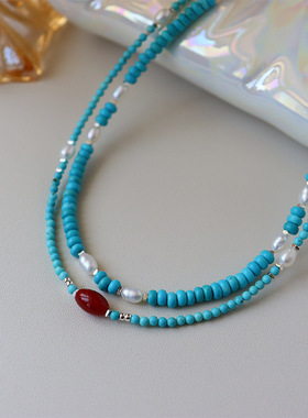 阿勒泰的蓝天。轻奢绿松石天然淡水珍珠项链女百搭小众简约锁骨链