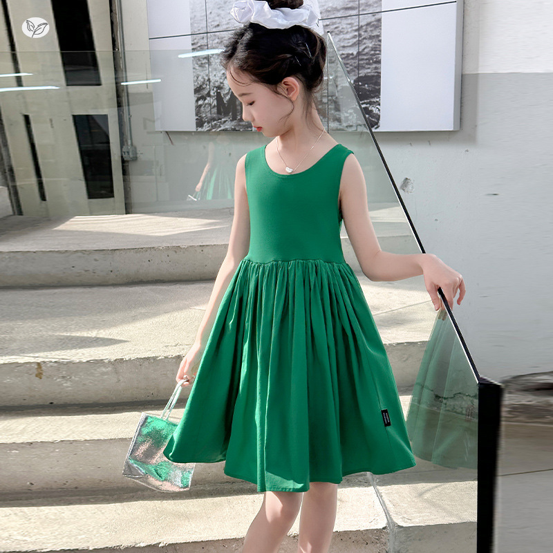 女童连衣裙无袖2025夏季新款后背交叉背心裙中大童时尚露背中长裙，童装连衣裙，祺儿童装