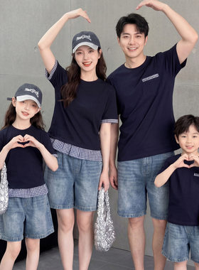 亲子装夏季一家三口短袖牛仔短裤套装母子母女家庭装幼儿园活动服