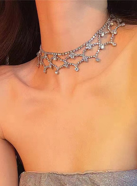 欧美热销时尚水钻流苏颈链项链 性感奢华水晶锁骨链 跨境饰品