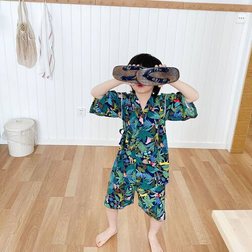 新款卡通丛林家居服儿童和服和尚服睡衣短裤套装亲子装汗蒸温泉服