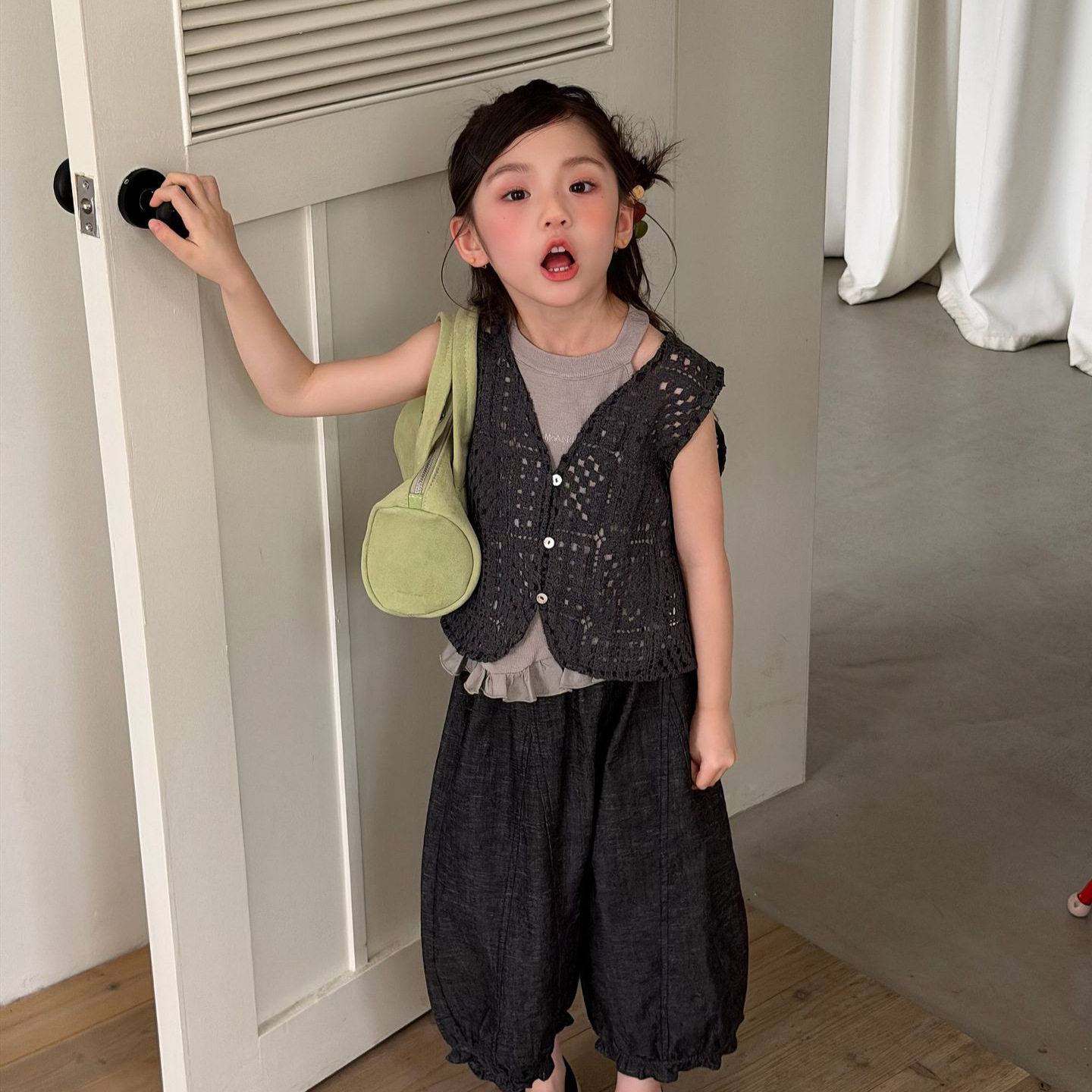 夏装 女童2026夏新款薄款镂空针织马甲套装背心T恤开衫两件套上衣