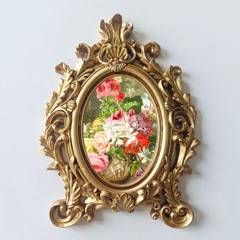 创意美式复古金色树脂相框雕花摆台样本房家居装饰品椭圆儿童相框