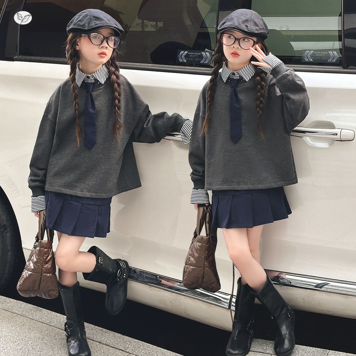 女童学院风秋季套装2025新款假两件卫衣百褶裙两件套中大童洋气潮，童装休闲套装，祺儿童装