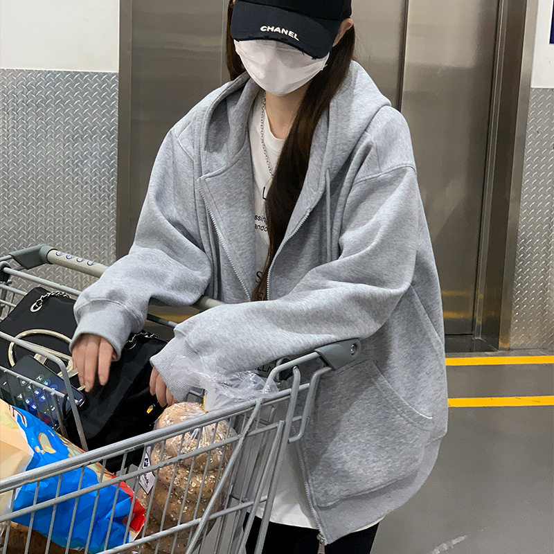 灰色连帽卫衣女装早秋新款宽松外套韩系慵懒风开衫上衣服
