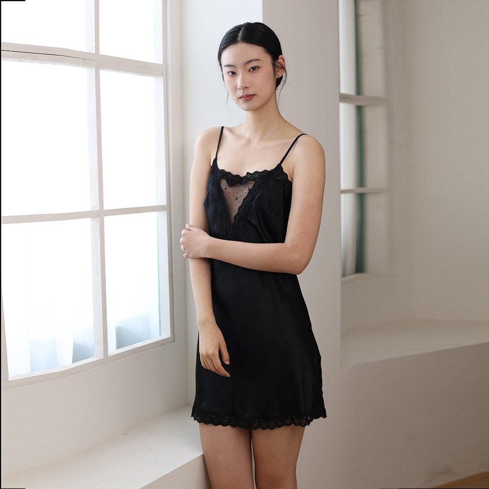 2026新款真丝睡衣女夏季黑色100%桑蚕丝绸性感透视吊带睡裙家居服