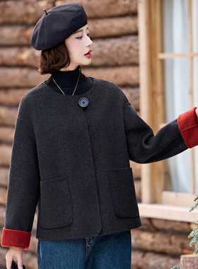 女式毛呢外套秋冬新款女拼接撞色双面羊毛呢时尚气质外套YX86305