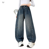 女童秋冬加绒牛仔弯刀裤2025年秋冬新款中大童复古打杆阔腿裤长裤，童装裤子，祺儿童装