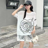 休闲运动宽松冰丝镂空T恤短裤 套装 两件套女夏 时尚 欧货新款