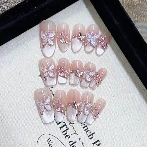 纯手工光疗穿戴甲镜月蝶成品重复使用美甲贴片可拆卸猫眼