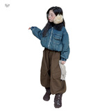 女童2025年秋冬新款洗旧加棉短款牛仔外套女大童美式复古毛领上衣，童装外套，祺儿童装