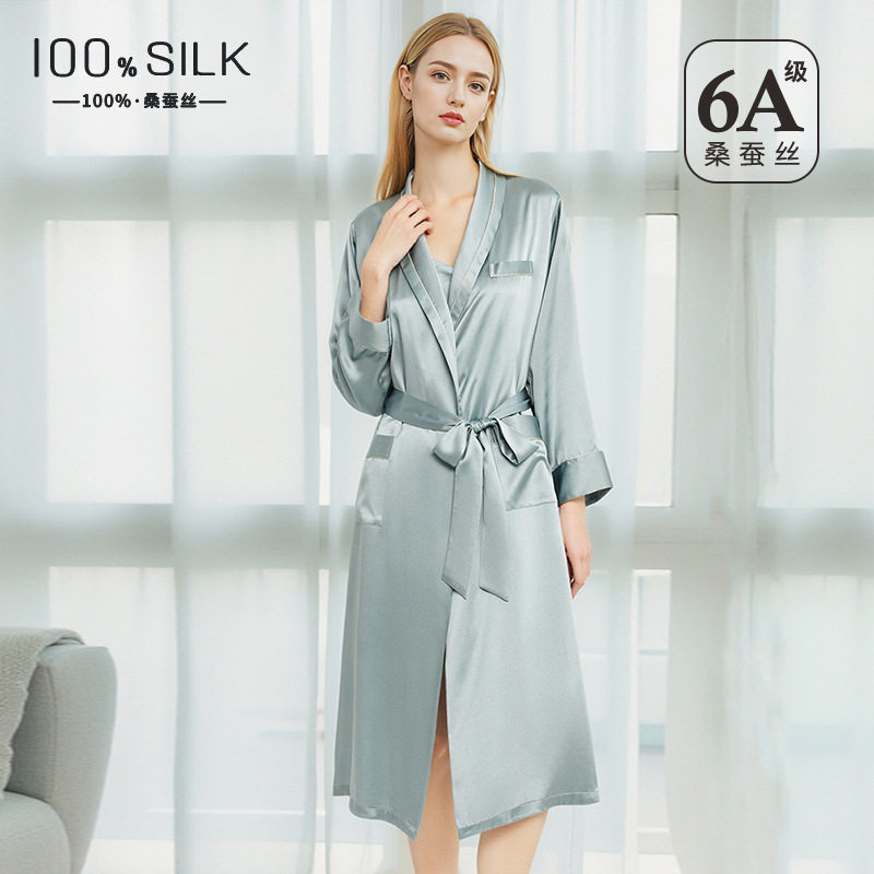 新款19姆米重磅真丝睡袍女士系带长款晨袍100%桑蚕丝绸袍家居服潮