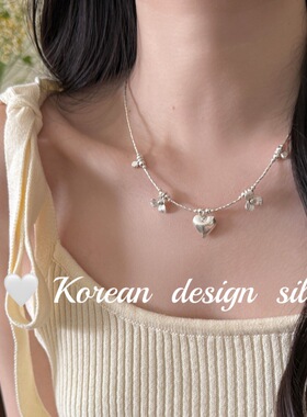 韩版ins风小众设计感银饰 925纯银手工捶打爱心花花切面竹节项链