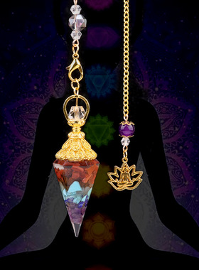 七彩碎石树脂金色六角锥灵摆吊坠