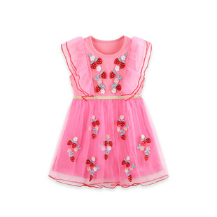 外贸出口清仓中小女儿童装夏季新款欧美风格草莓花网纱无袖连衣裙
