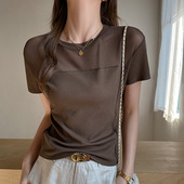 严选2026春夏新款 短袖 t恤女设计感网纱拼接纯色正肩显瘦韩系上衣