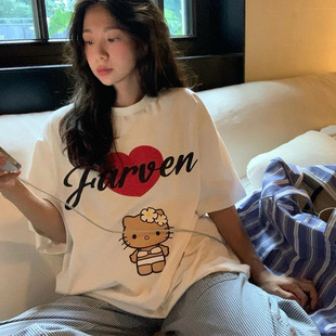 现H25夏款 T恤女 韩国东大门宽松休闲百搭可爱KT猫卡通印花圆领短袖