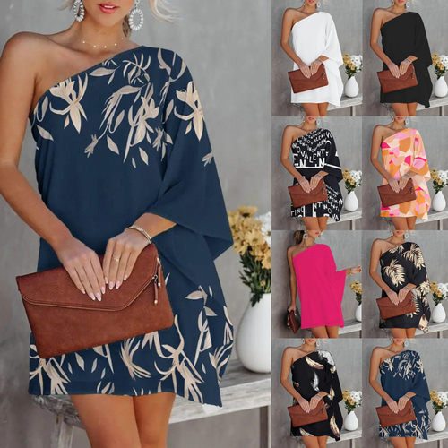 Printed gradient single shoulder casual dress 印花休闲连衣裙