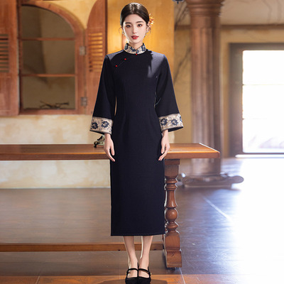 显瘦深蓝色加厚冬装国风新中式长袖旗袍改良年轻款女复古秋冬季