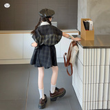 女童夏季套装2025新款休闲格纹衬衫短裙两件套中大童坎肩上衣儿童，童装休闲套装，祺儿童装