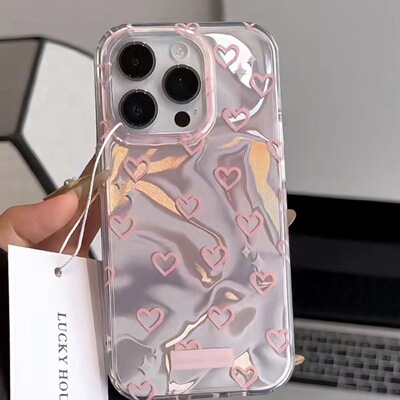 Korean-style water ripple pink heart Case适用iphone 11 12 13 14 15 16 17 pro max XR XS MAX 7 8 PLUS