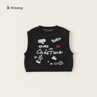 邦选童装女童马甲印花圆领中小童无袖上衣春季新品毛线儿童背心