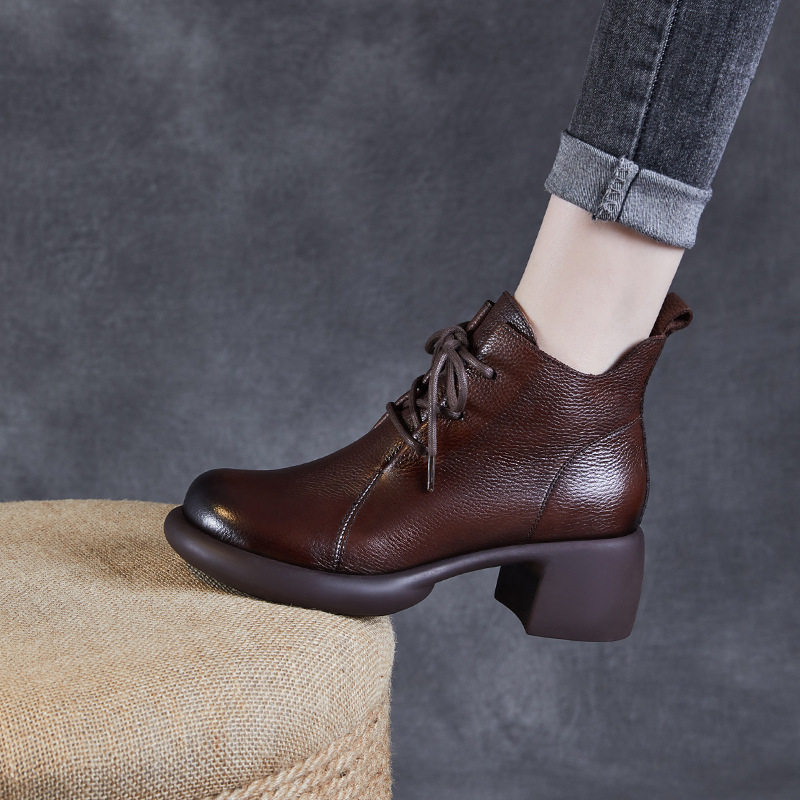 牛皮手工复古中跟短靴女2024秋季新款系带妈妈皮鞋真皮马丁靴子,女鞋,时装靴,淘宝优惠券,粉丝福利购,淘宝优惠卷