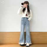 女童2025年冬季新款个性脚口毛毛边牛仔裤女大童加绒保暖喇叭裤子，童装裤子，祺儿童装