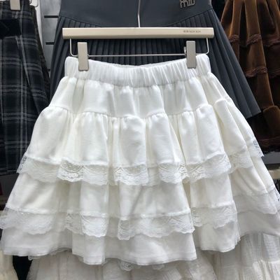 甜美龄白色芭蕾风秋冬半身裙女腰松紧蓬蓬裙蕾丝蛋糕裙短裙女