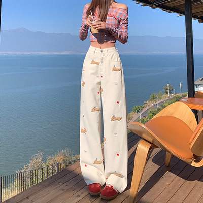 白色腊肠狗刺绣牛仔裤女2025春新款卡通图案设计感宽松阔腿拖地裤