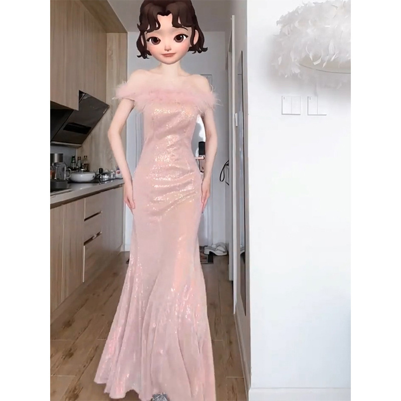 粉色鱼尾晚礼服轻奢小众生日party礼裙成人礼端连衣裙订婚礼服