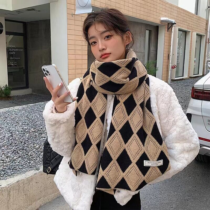 网红同款围巾女冬季双面菱格针织围巾/丝巾/披肩