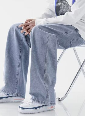 秋季大码直筒阔腿裤牛仔裤士休闲长裤子宽松潮流港风ins裤子