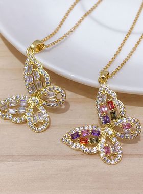 欧美跨境货源小众个性嘻哈时尚饰品设计感彩色锆石蝴蝶项链吊坠女