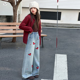 女童2025年冬季新款小马刺绣加绒牛仔裤女大童修身板正直筒阔腿裤，童装裤子，祺儿童装