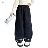 女童2025年秋冬新款脚口花边阔腿裤女大童仿牛仔冬加绒修身直筒裤，童装裤子，祺儿童装