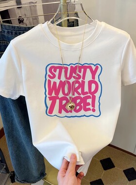 美式复古白色短袖t恤女夏季多巴胺休闲百搭纯棉小众设计感上衣ins