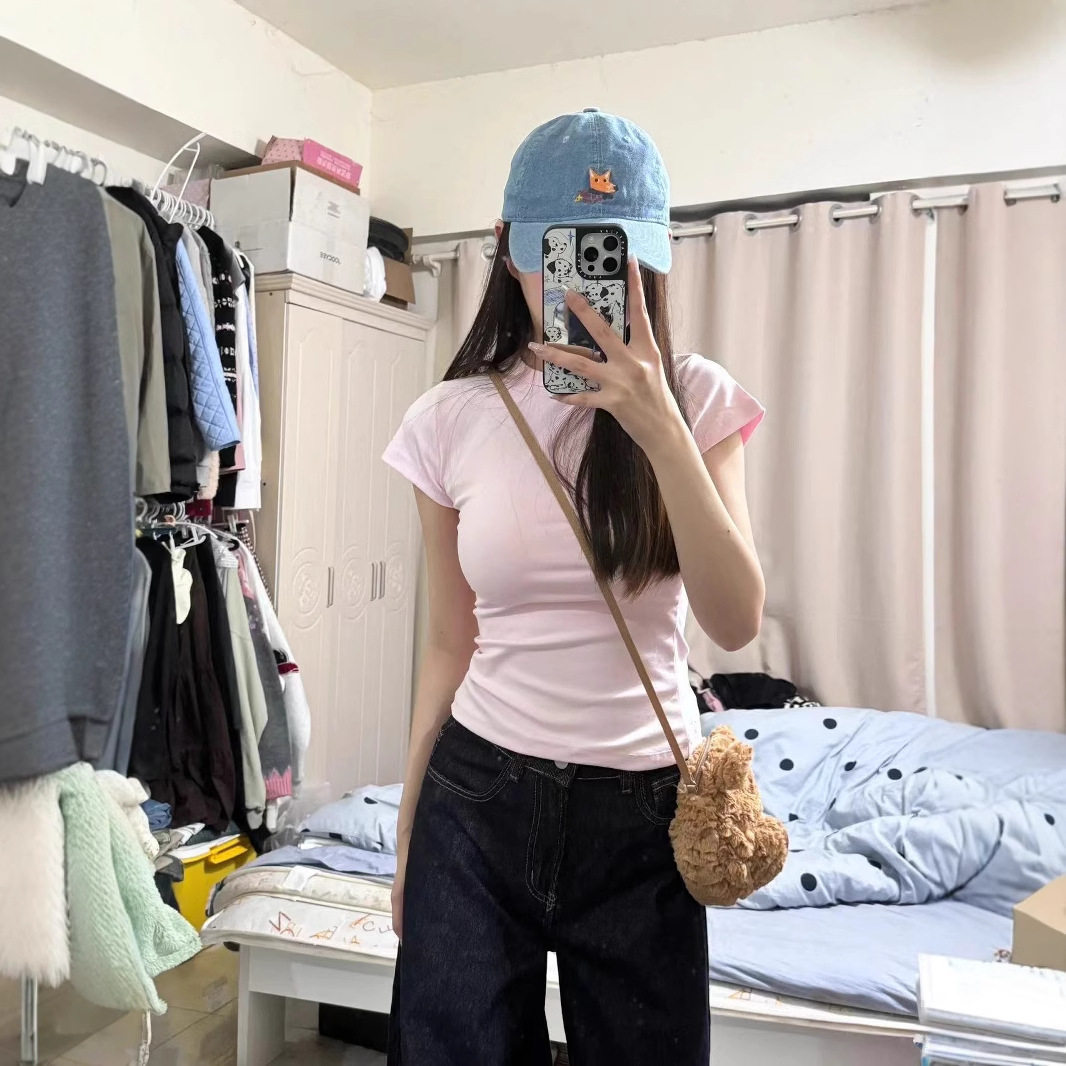 发财宅女同款粉色正肩短袖T恤女紧身显瘦收腰辣妹纯欲打底上衣女