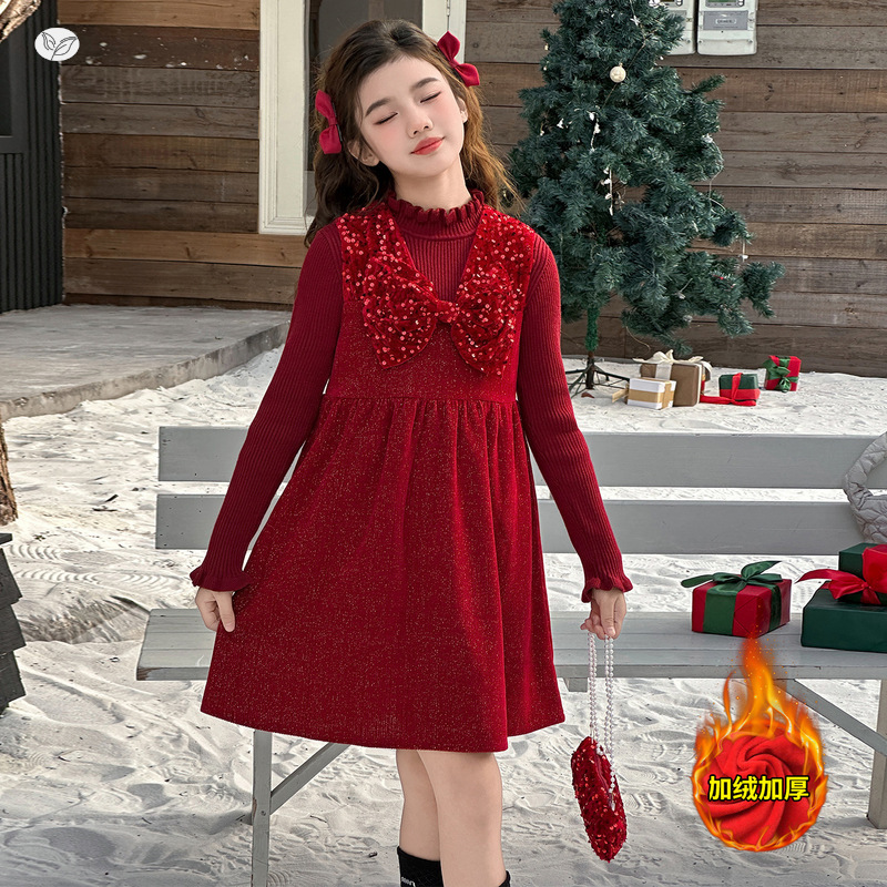 女童新年服2025冬季新款中大童亮片蝴蝶结背心裙毛衣两件套公主范，童装休闲套装，祺儿童装