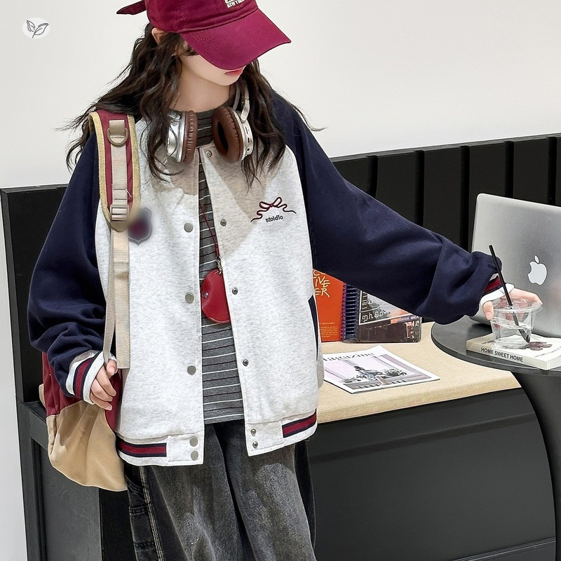女童棒球服外套2025年秋季新款刺绣夹克衫中大童插肩袖撞色开衫潮，童装外套，祺儿童装