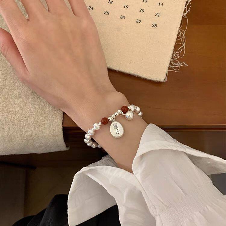 s925银手串手链女红玛瑙平安喜乐简约气质小众设计百搭礼物首饰品